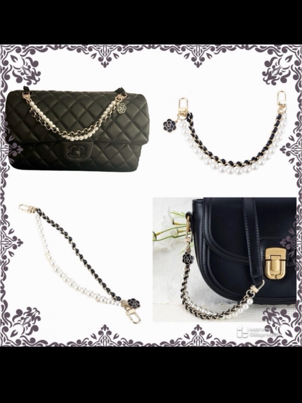 Purse Charm Camellia Flower Leather Gold Chain Extender Pearls Black Gold